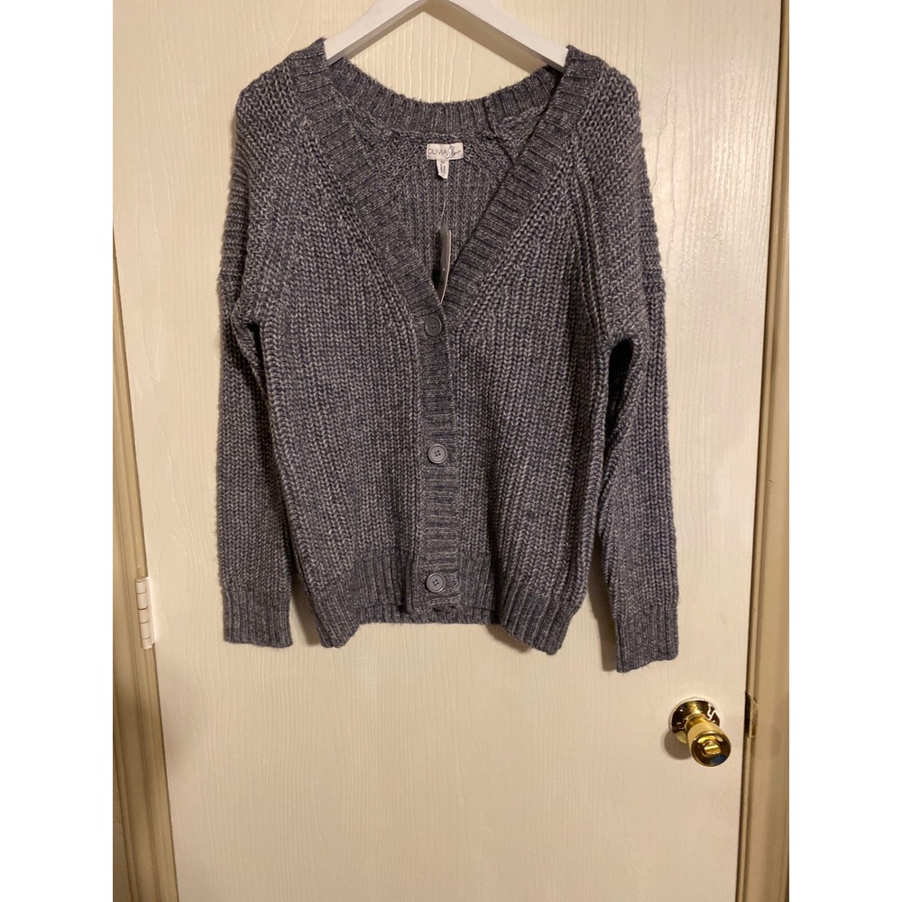Olivia Sky Womens Grey Shaker Stitch V-Neck Button Front Cardigan Sweater M 0459